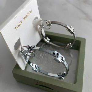 Tory Burch Platinum Plated Serif -T Hoop Earrings